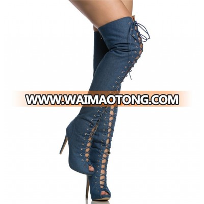 Thigh High Open Toe Lace Up Full Back Zipper Stiletto High Heel Denim Boot