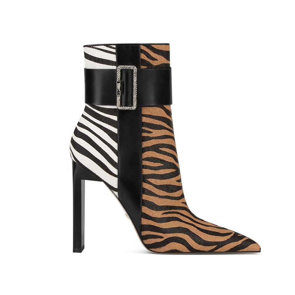 High Quality custom made real horse hair pointed toe zebra print buckle side zipper fashion boots women ankle boots